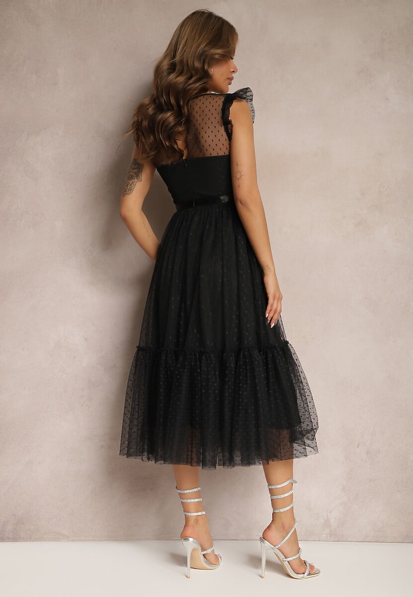 Czarna Taliowana Sukienka z Tiulową Spódnicą i Górą z Koronki Darela