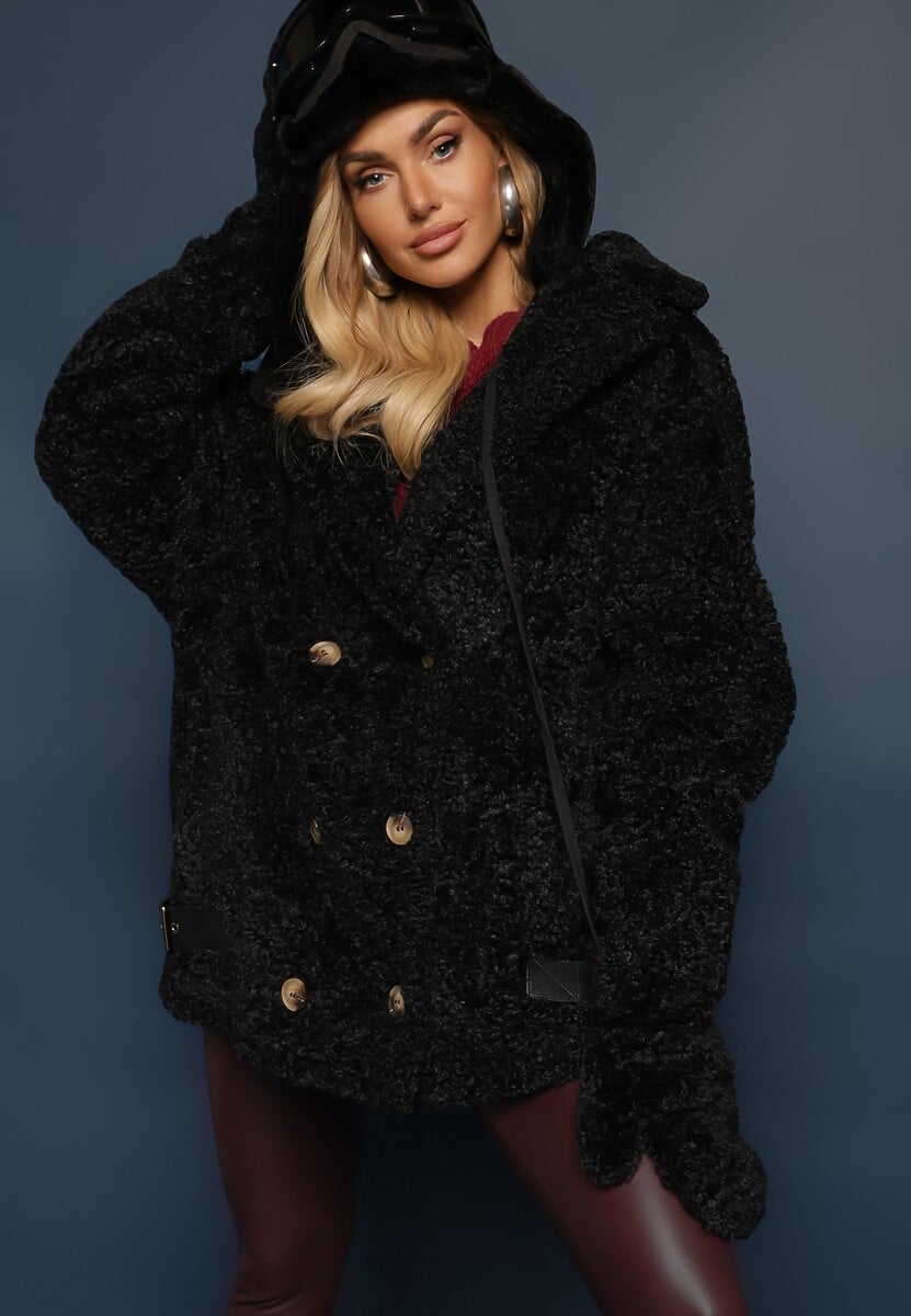 Jasnobeżowa Dwurzędowa Kurtka Futerkowy Płaszcz z Dodatkowymi Rękawiczkami Hetirra