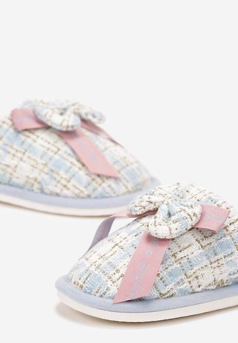 Niebieskie Wsuwane Kapcie w Kratkę z Metalicznej Nici z Kokardką z Przodu Kapati