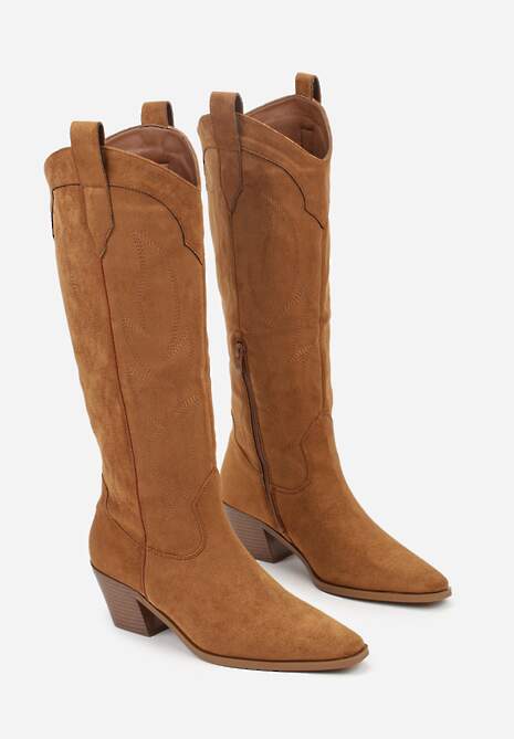 Jasnobrązowe Haftowane Kozaki Kowbojki na Stożkowym Obcasie Galianna