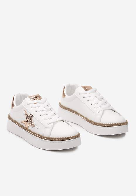 Biało-Szampańskie Płaskie Sneakersy ze Sznurowaniem i Metalicznymi Wykończeniami Delulla