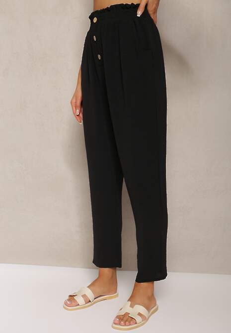Czarne Spodnie Typu Paper Bag High Waist z Gumką w Talii Salvavia