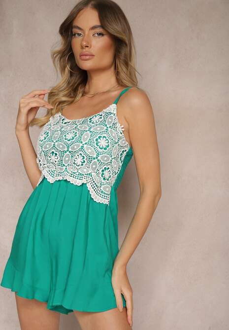 Zielony Kombinezon ze Wstawką z Koronki na Cienkich Ramiączkach Tiritana