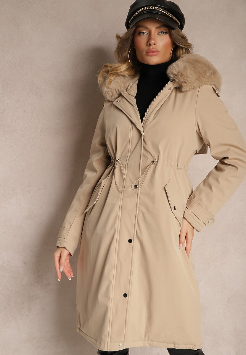 Czarna Długa Kurtka o Fasonie Parki z Futerkiem Edelais