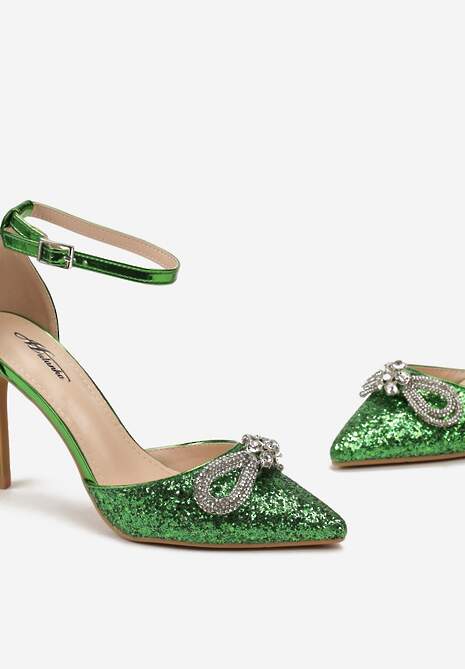 Zielone Brokatowe Szpilki z Ozdobną Kokardką z Cyrkoniami Rithana