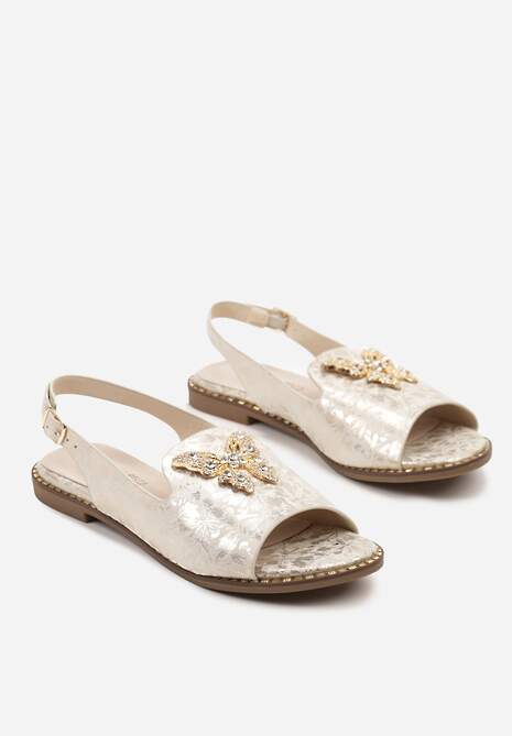 Jasnobeżowe Sandały Slingback ze Skórzaną Wkładką i Cyrkoniową Aplikacją z Motylem Idirane