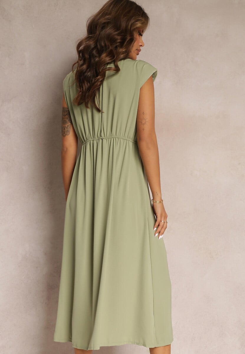 Zielona Midi Sukienka o Rozkloszowanym Fasonie z Ozdobnym Węzłem i Rozcięciem Zanondia