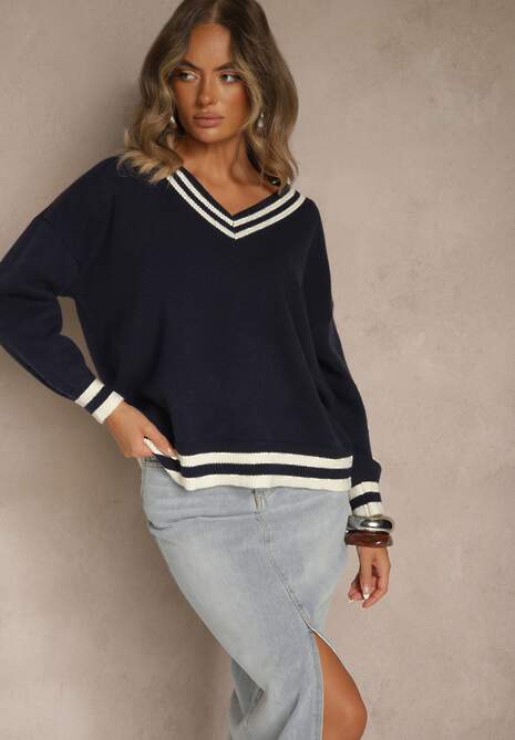 Granatowy Sweter Preppy z Dodatkiem Kaszmiru Lincire