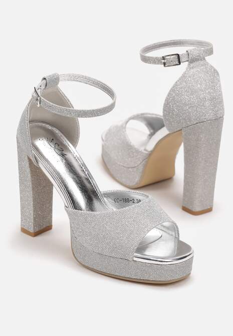 Srebrne Sandały na Słupku i Platformie Ozdobione Brokatem Viviane