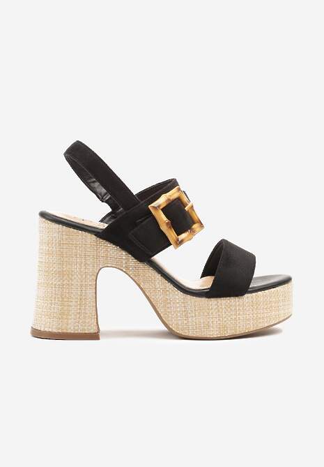 Czarne Sandały na Słupku i Platformie Ozdobione Klamrą Clezara