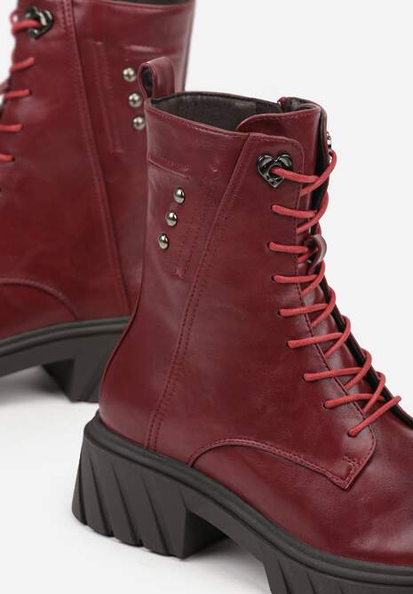 Bordowe Rockowe Botki Workery Zdobione Nitami Eratila