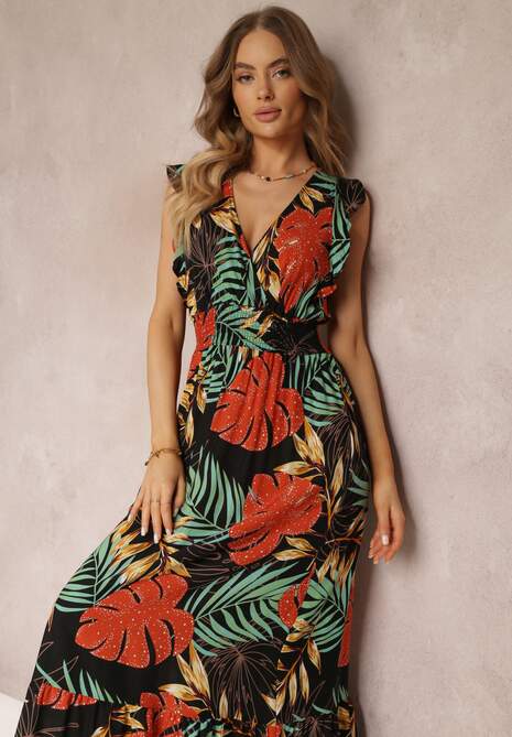 Czarna Kopertowa Sukienka Maxi z Wiskozy z Gumkami w Talii Leamone