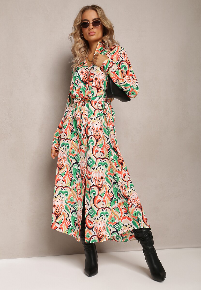 Zielono-Pomarańczowa Koszulowa Sukienka Maxi z Wiązanym Paskiem Tiamella