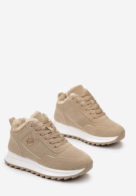 Ciemnobeżowe Ocieplane Sneakersy na Platformie Appopis