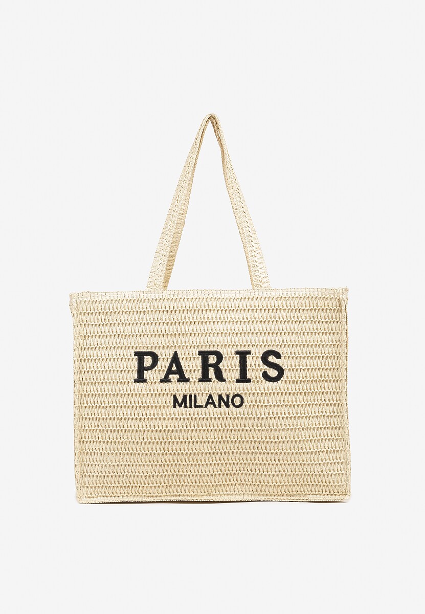 Ciemnobeżowa Pleciona Torebka Typu Shopperka z Napisem Odalina