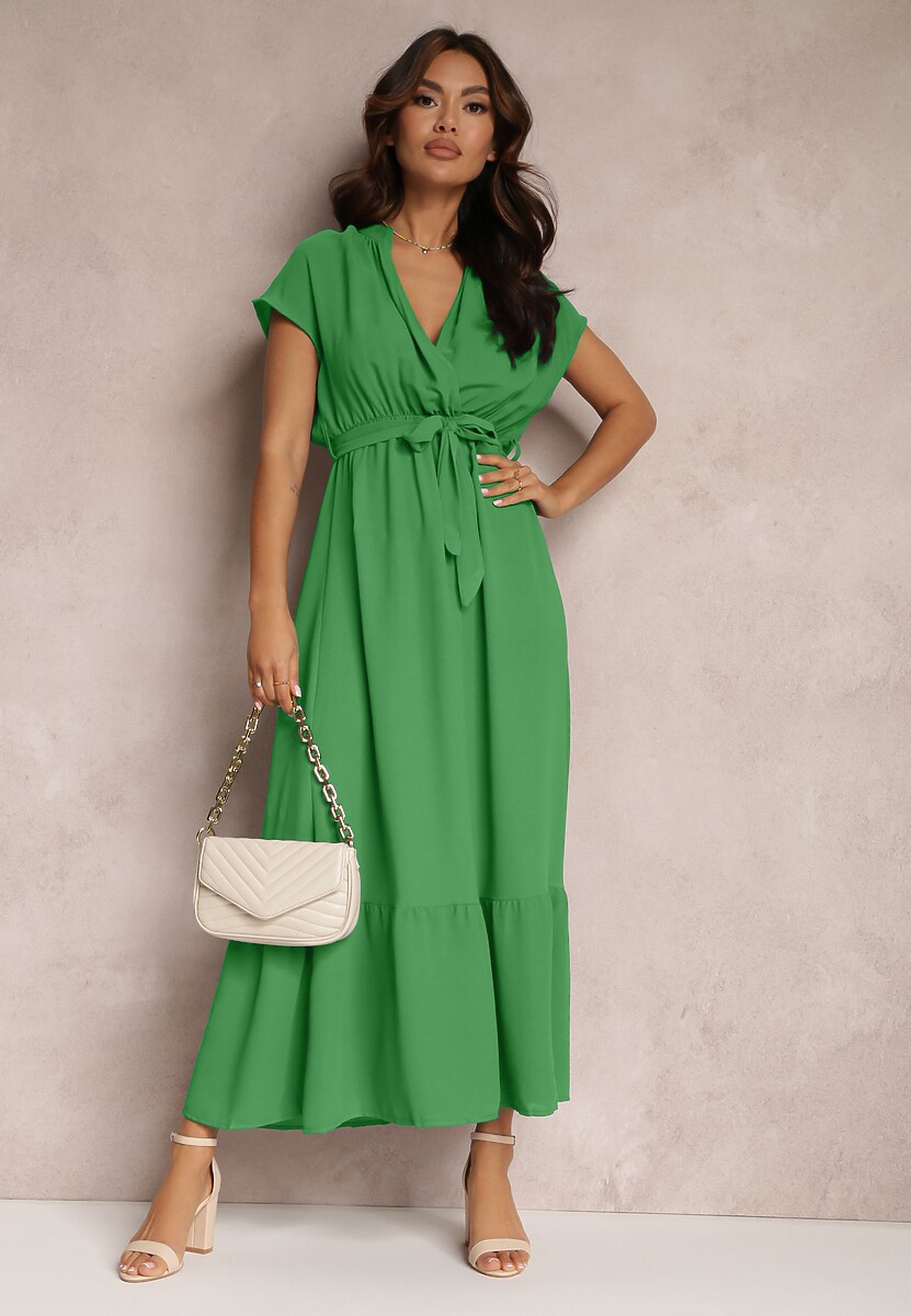 Zielona Kopertowa Sukienka z Gumką w Talii i Wiązaniem Mylelse