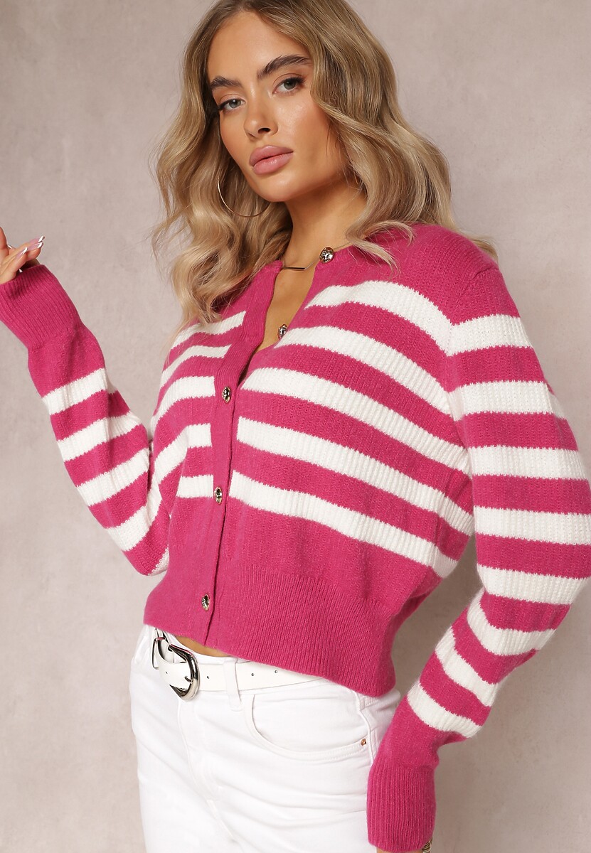 Zielony Luźny Krótki Kardigan Zapinany na Guziki w Paski Abburra