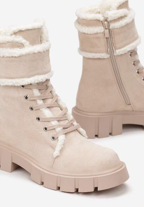 Beżowe Botki Workery na Grubej Podeszwie z Futerkiem Valiro