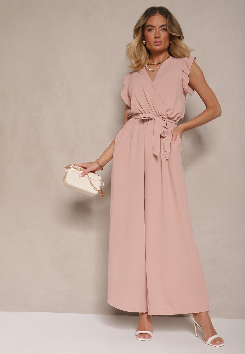 Jasnoróżowy Koktajlowy Kombinezon Wiązany Paskiem Wykończony Falbankami przy Ramionach Vimaseni