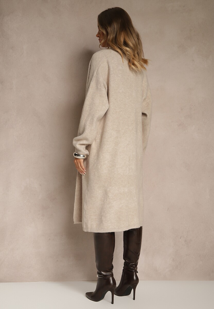 Beżowy Dzianinowy Komplet z Wełną Prążkowana Sukienka i Długi Kardigan Falonessa