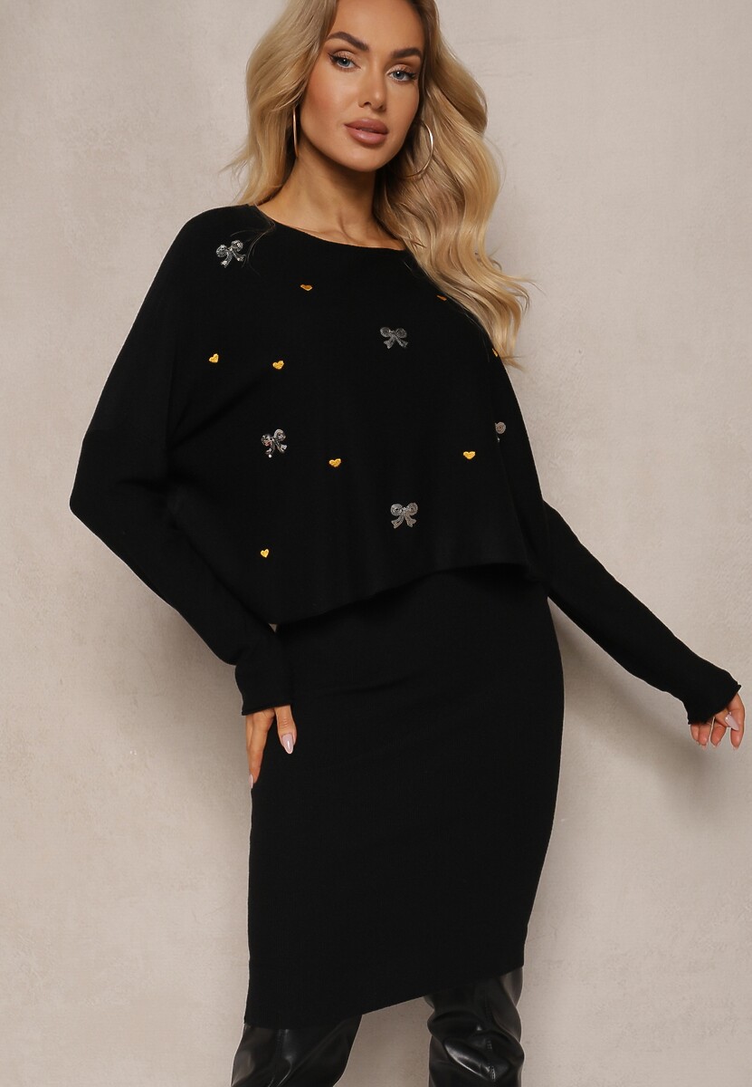 Zielony Dzianinowy Komplet z Wiskozą Sukienka o Dopasowanym Kroju i Sweter z Cyrkoniami Norathra