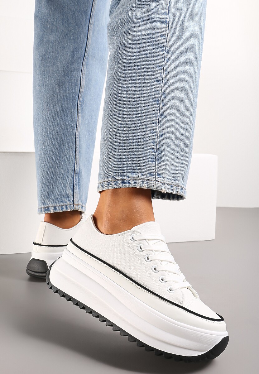 Białe Trampki Przed Kostkę na Wysokiej Platformie z Ozdobnym Protektorem Ligustra