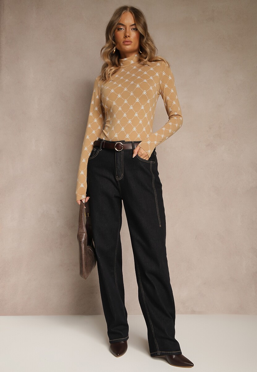Beżowa Bluzka Longsleeve Półgolf z Bawełny Ozdobiona Geometrycznym Nadrukiem Zantila