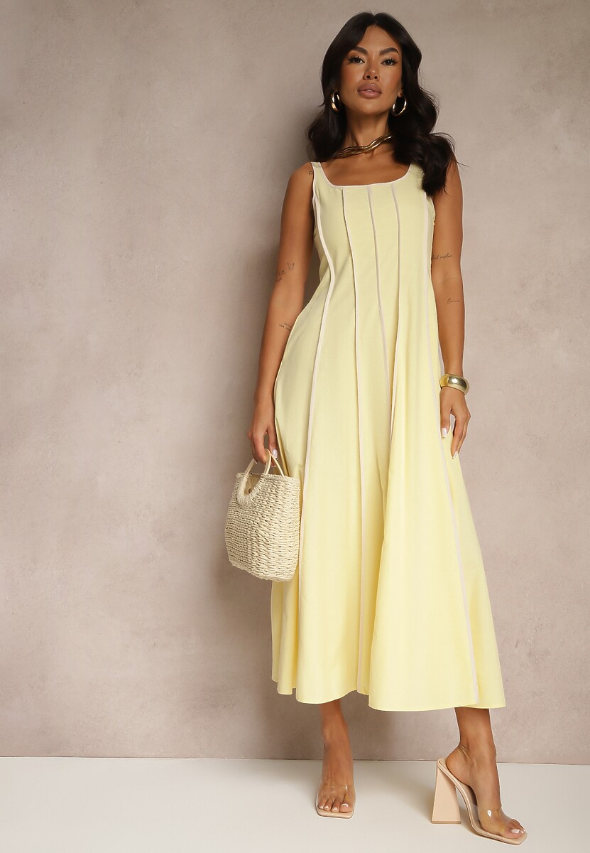 Jasnobeżowa Sukienka z Wiskozą o Rozkloszowanym Kroju w Pionowe Prążki Gonariel