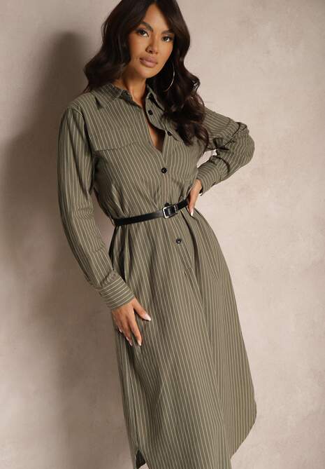 Zielona Sukienka Koszulowa z Guzikami Ozdobiona Imitacją Kieszeni i Paskiem Tintorella