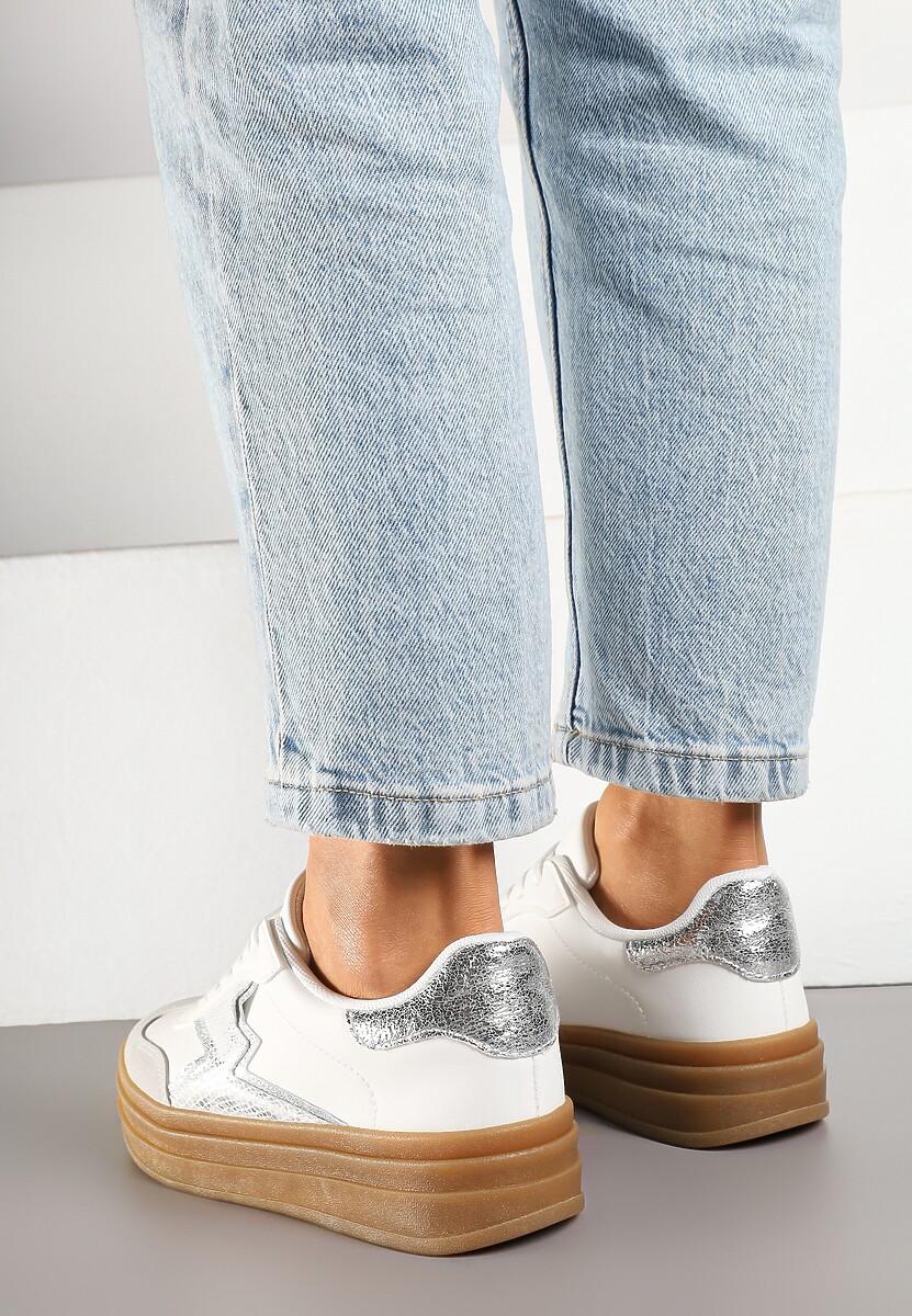 Srebrno-Białe Sneakersy w Stylu Tenisówek Ozdobione Geometrycznym Wzorem Tolivanna