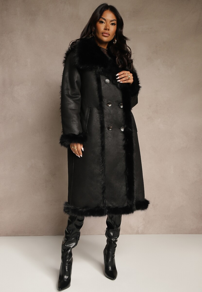 Czarny Dwurzędowy Płaszcz Futerko o Dwustronnym Kroju z Kołnierzem Nalaneva