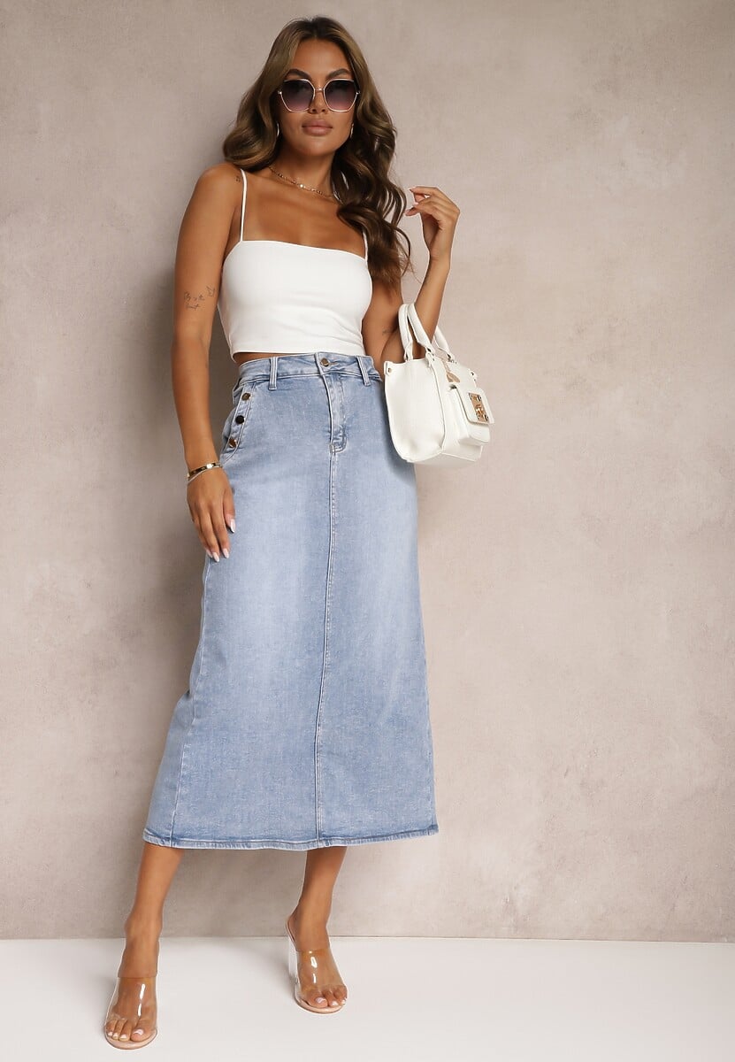 Jasnoniebieska Jeansowa Spódnica High Waist z Nitami Przy Kieszeniach Nellajoy