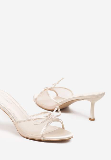 Beżowe Klapki na Szpilce z Kokardą i Transparentną Cholewką Varfitis