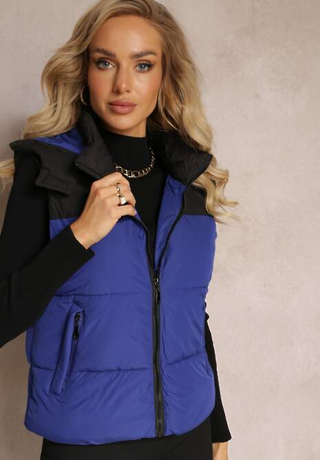 Granatowa Kamizelka Zapinana na Suwak z Kapturem i Kieszeniami Nahom