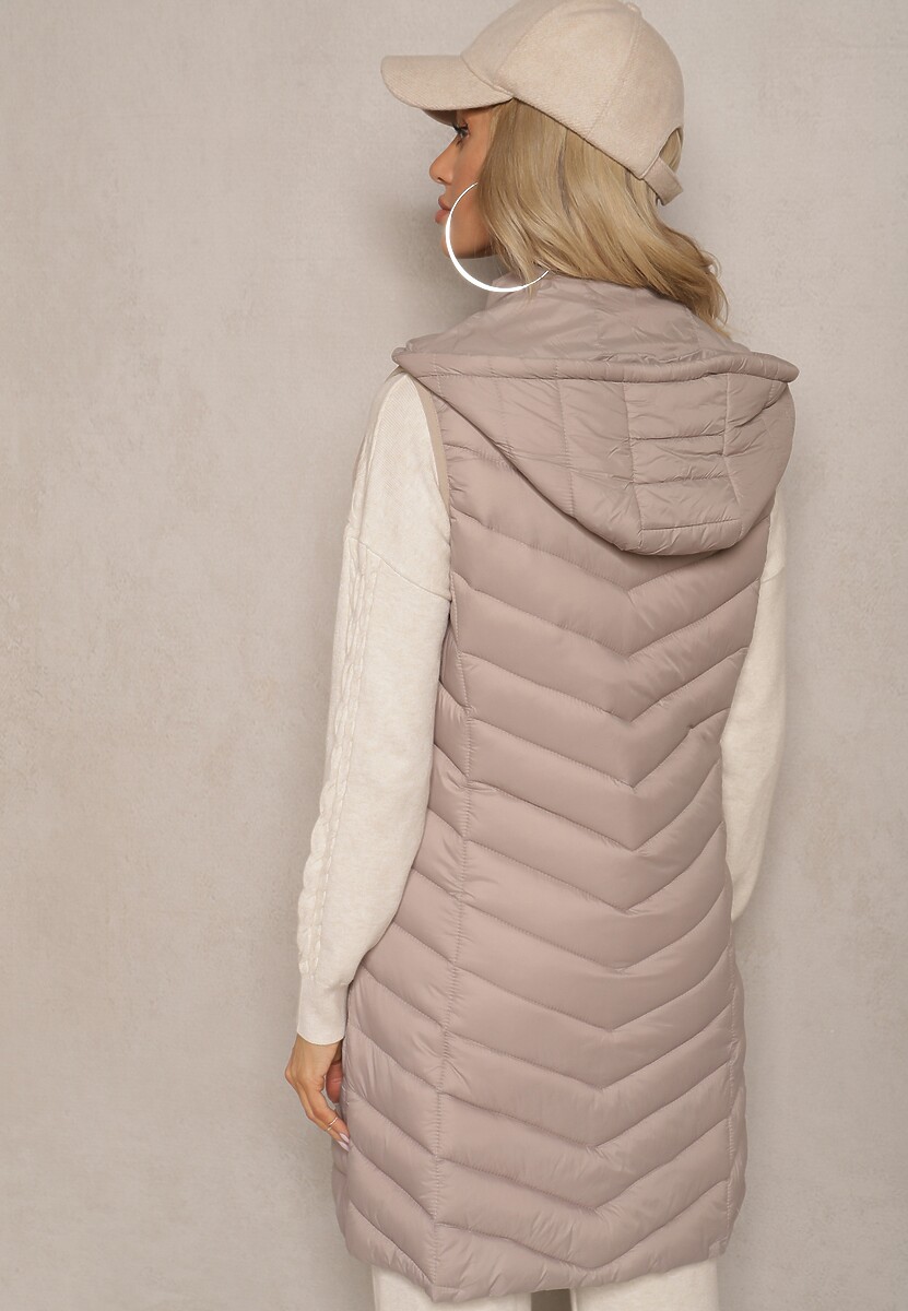 Ciemnobeżowa Kamizelka z z Odpinanym Kapturem Ozdobiona Pikowaniem Ivathira