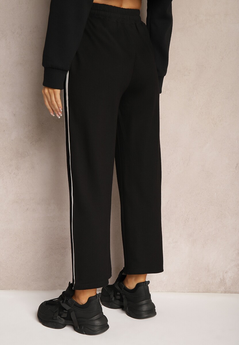 Czarne Spodnie z Wiskozą High Waist o Szerokim Kroju Ozdobione Lamówką Lulora