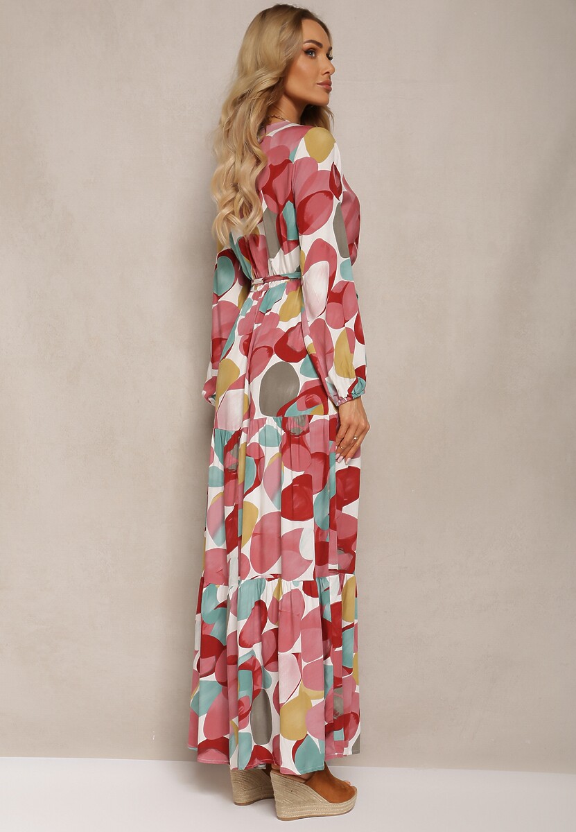 Czerwono-Zielona Sukienka z Wiskozy o Trójkątnym Dekolcie z Gumką w Talii i Materiałowym Paskiem Fiavena