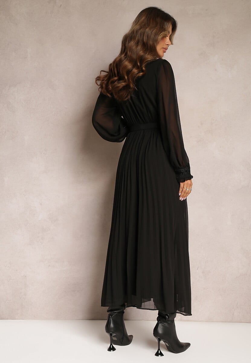 Czarna Plisowana Sukienka Maxi z Koronką i Paskiem Venila