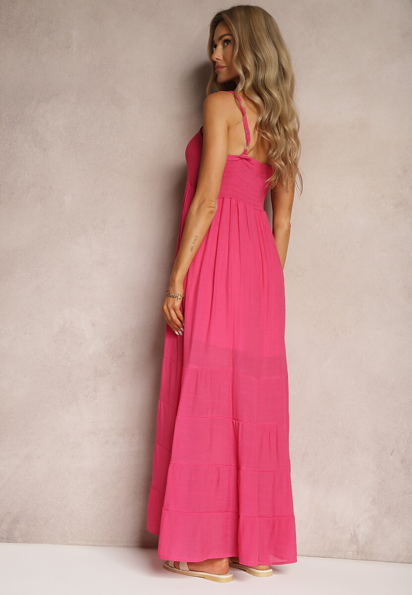 Fuksjowa Sukienka z Dodatkiem Bawełny na Ramiączkach z Regulacją oraz Gumką z Tyłu Tinanoras