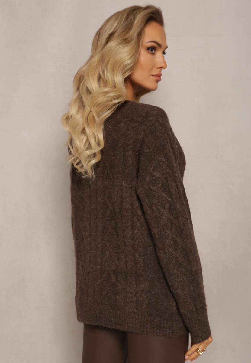 Brązowy Zapinany Kardigan z Trójkątnym Dekoltem i Warkoczykowy Splot Juessa