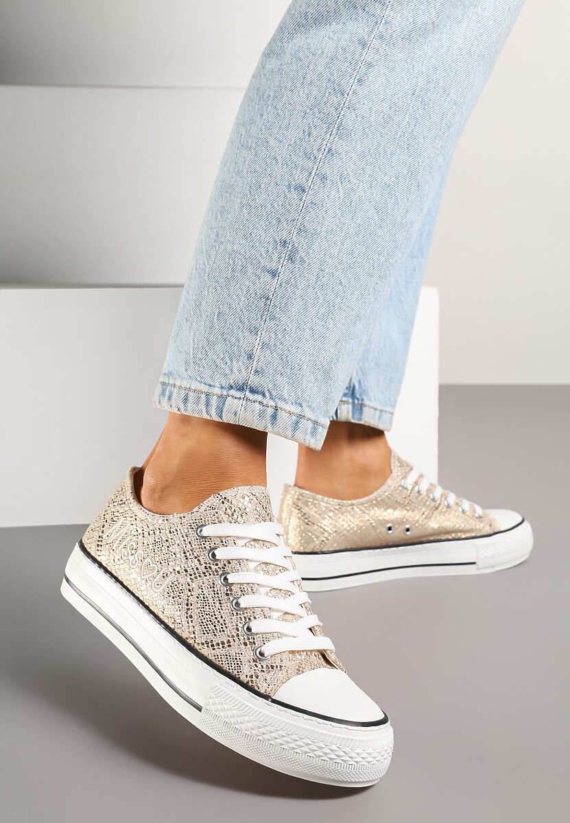 Złote Wężowe Brokatowe Trampki z Napisem i Niską Cholewką Borlevi