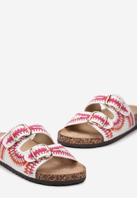 Biało-Różowe Klapki Ozdobione Wzorem na Szydełku z Korkową Grubą Podeszwą i Klamrami Kanthe
