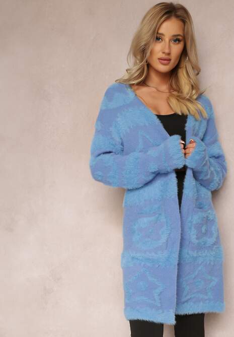 Niebieski Długi Kardigan Puszysty Aborra