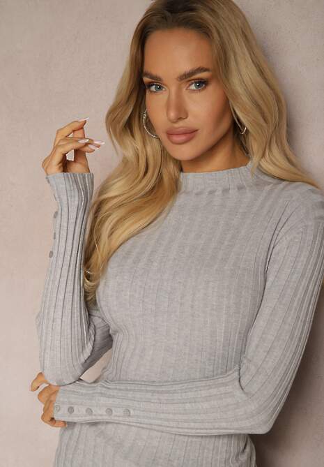 Szary Półgolf Sweter Prążkowany z Bawełną Wiskozą i Guzikami Tiathena