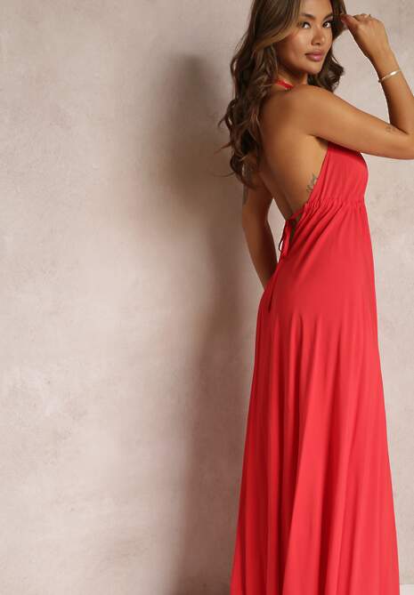 Czerwona Rozkloszowana Sukienka Bawełniana z Wiązaniem na Szyi Panethea