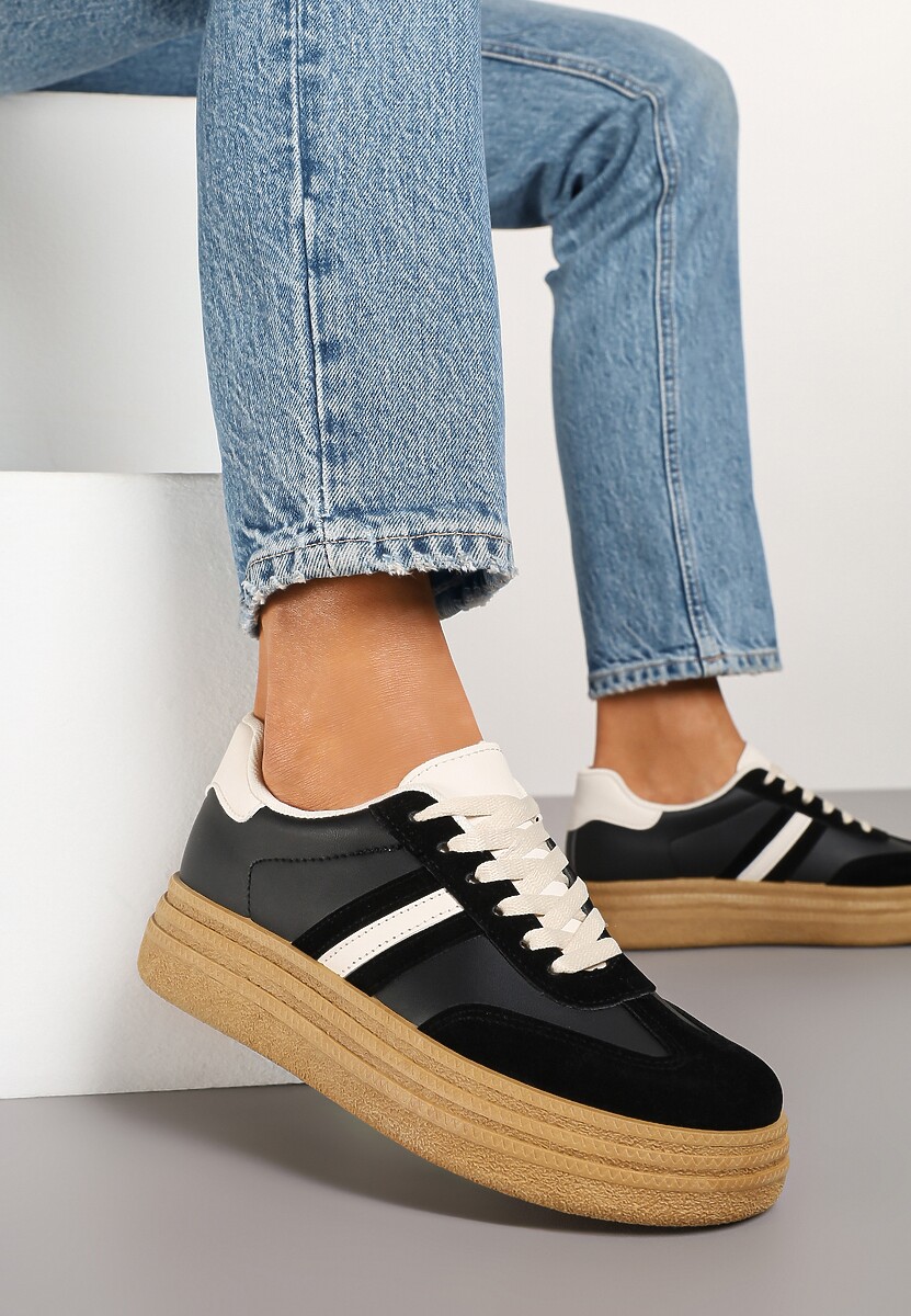 Beżowo-Czarne Sneakersy Kultowe Tenisówki na Grubej Podeszwie Ozdobione Wzorem w Panterkę Gonelis