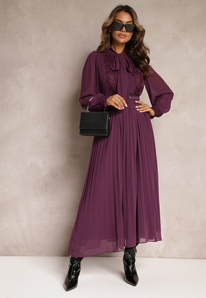Ciemnofioletowa Plisowana Sukienka Maxi z Koronką i Paskiem Venila