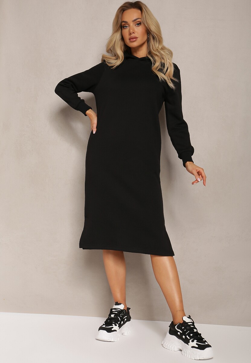 Czarna Sukienka Dresowa Oversize z Kapturem Elderre