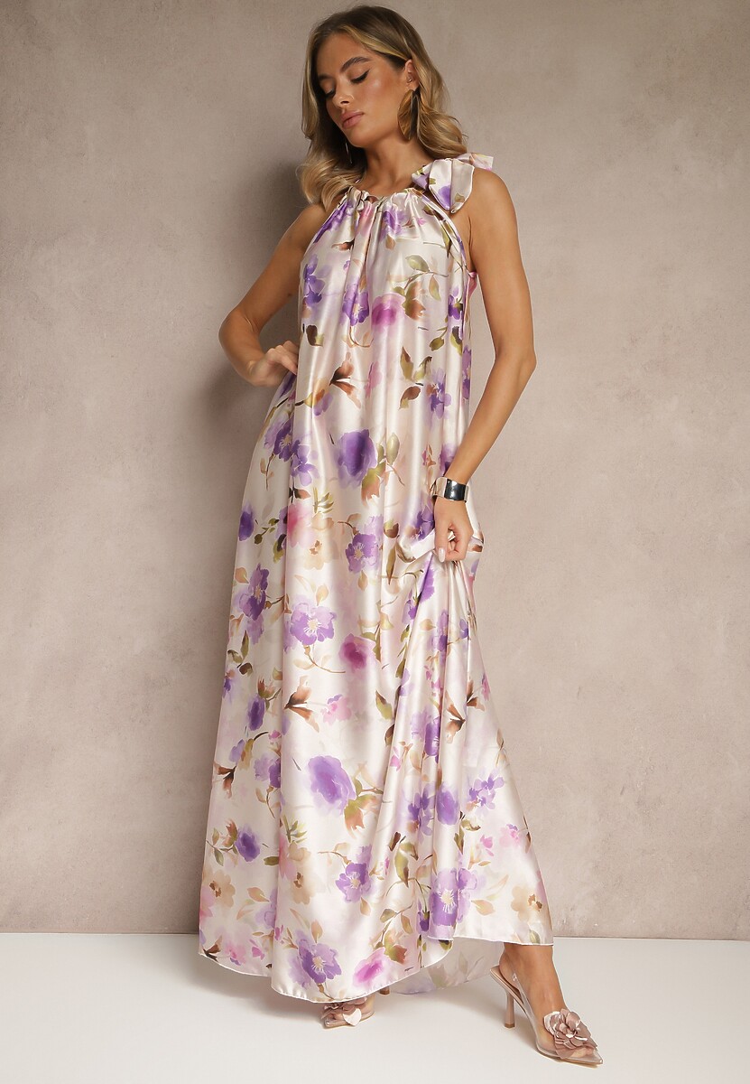 Fioletowa Sukienka z Satyny w Kwiatowy Wzór Fenimea