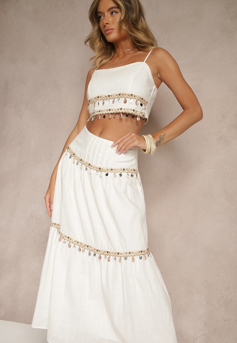 Biały Komplet z Bawełny Top i Spódnica z Koralikami Cekinami i Muszelkami Sarilisse